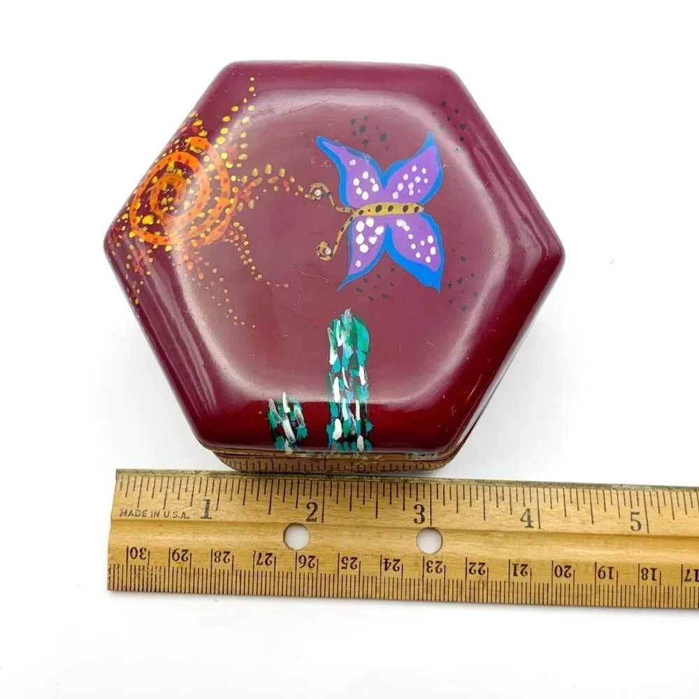 Small Butterfly & Floral Patterned Red Clay Pottery Hexagon Trinket Box With Lid
